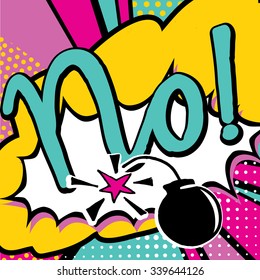 No! quote handwritten type in Pop art comic style. Bang, explosion decorative halftone poster template vector illustration.