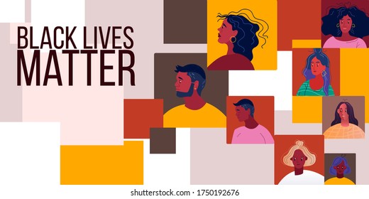 No Racism Abstract Background With Young Black Women And Men Faces. Black Lives Matter Banner With Multinational People United Against Racial Discrimination. Vector Illustration In Flat Style 