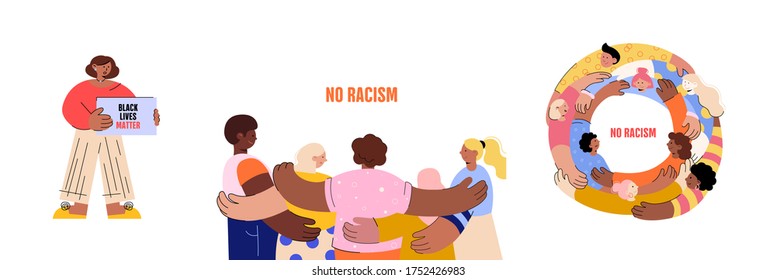 No racism. Characters of different nationalities are hugging, a poster with the phrase no racism. Text message to protest. Demonstration of solidarity, unity and love. Illustration in cartoon style.