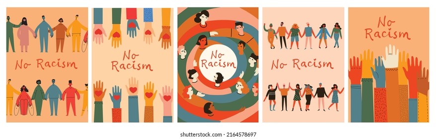 No racism. Characters of different nationalities are hugging, a poster with the phrase no racism. Text message to protest. Demonstration of solidarity, unity and love.