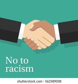 No to racism concept. Handshake of two men of different nationalities.  Vector illustration flat design. Multiracial friendship of peoples.