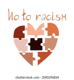 No to racism. Human heart puzzle shape with different skin colors. We are equal concept for card, poster, banner with text. Supporting social illustration. Vector. Rights for all races.