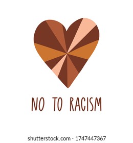 No to racism. Human heart shape with different skin colors. We are equal, black lives matter concept for card, poster, banner with text. Supporting social illustration. Vector. Rights for all races