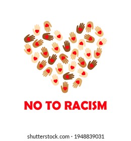 No to racism, motivation against racism, palm with heart, vector illustration.