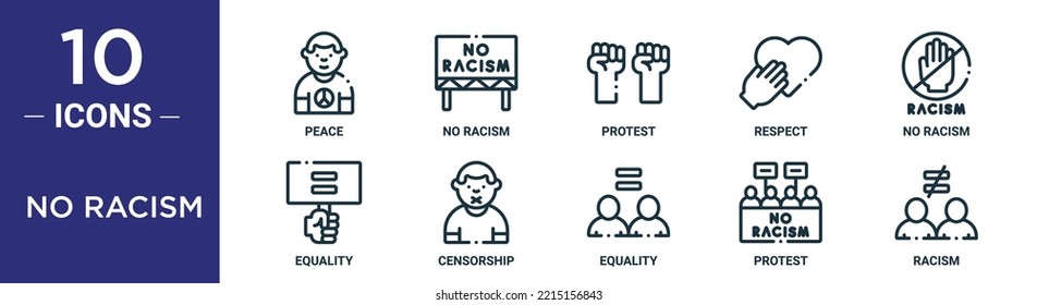 No Racism Outline Icon Set Includes Thin Line Peace, No Racism, Protest, Respect, No Racism, Equality, Censorship Icons For Report, Presentation, Diagram, Web Design