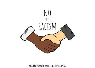 No to racism slogan with handshake silhouette white and black hands. Stop racism logo, icon, sign isolated on white background. Vector illustration
