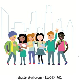 no racism, stop discriminate, different skin, tenageer, kids, logo, icon, flat. a group of tenageers befriend each other at same college
