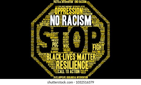 No Racism word cloud on a black background. 