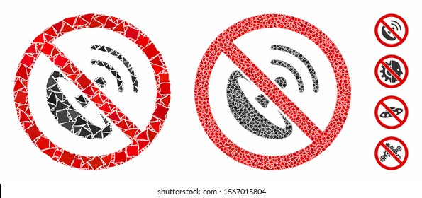No radio transmitter composition of ragged elements in different sizes and color hues, based on no radio transmitter icon. Vector joggly elements are composed into collage.