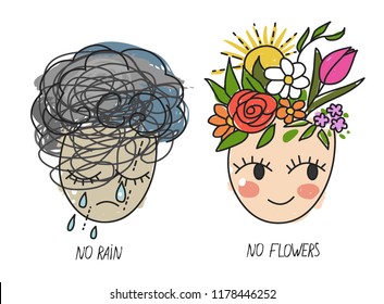 No rain  no flowers  Crying face   smiling face white background  Vector hand drawn illustration