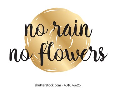 No rain no flowers inscription. Greeting card with calligraphy. Hand drawn lettering design. Photo overlay. Typography for banner, poster or apparel design. Vector typography. Wisdom.