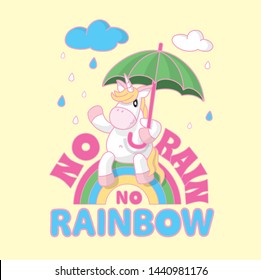 No Rain No Rainbow. Hand drawn lettering inscription with a cute pink unicorn. Suitable for print design, posters, post cards, invitations or childrens room decoration. 