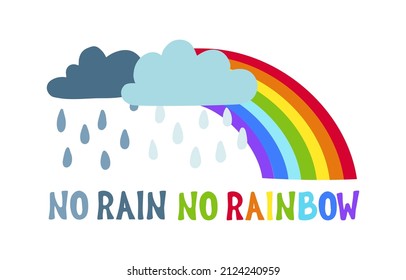 No Rain No Rainbow Quote Lettering with clouds and raindrops. Hand drawn vector Inscription illustration. Designed for t-shirt, eco bag, poster, home design, decoration