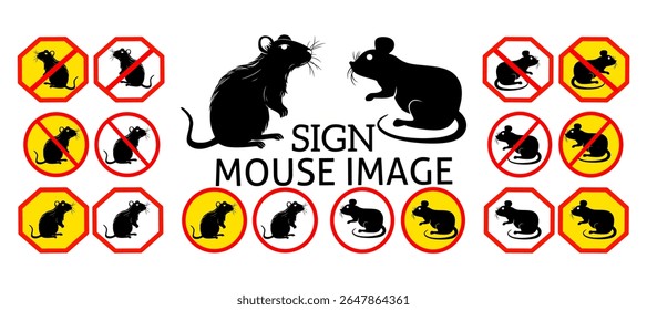 No rat sign. Pest warning sign. Anti pest symbol. Stop rat icon. Rat silhouette in pest control sign, Rat vector graphic, isolated on white background, black warning sign in red, for graphic icon