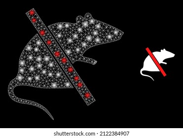 No rats icon and glowing mesh net no rats model with bright light spots. Illuminated model is generated from no rats vector icon and triangle mesh. Bright carcass no rats, on a black background.