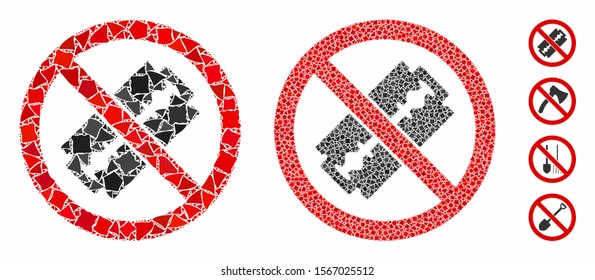 No razor blade composition of ragged items in variable sizes and color tints, based on no razor blade icon. Vector ragged pieces are grouped into collage.