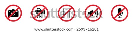 No record icon set. Video, photo, phone, sound, micro, recording forbidden. Warning label. Vector illustration.