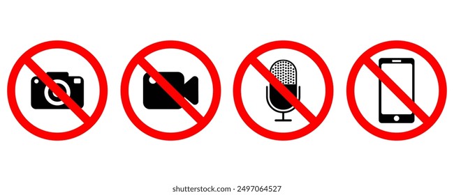 No record icons. Video, photo, phone, sound recording forbidden logo icons. eps10