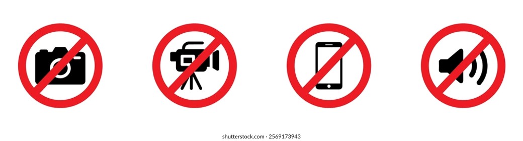 No record, mute, camera, vector icons. No phone, photo, or sound recording forbidden vector icons. EPS 10