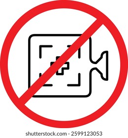 "No recording" icon with a red prohibition sign. Perfect for theaters, cinemas, and places where recording is not allowed. Simple, vector design on a light background