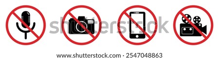 No recording sign set with crossed microphone, camera, phone, and video symbols. Perfect for security boards, restricted areas, and prohibition warning design purposes.