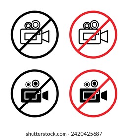 No Recording Vector Illustration Set. Camera Recording Prohibition Sign in Suitable for Apps and Websites UI Design Style.