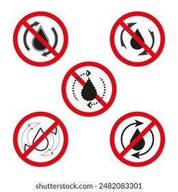 No recycling water icons. Prohibition symbols with drops. Red circles with arrows. Environmental caution.