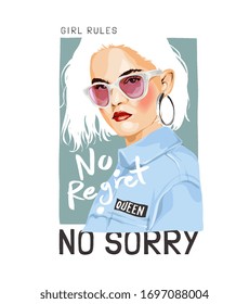 no regret slogan with girl in sunglasses illustration