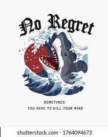 no regret slogan with shark in ocean wave illustration