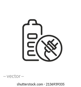 no required charge battery, accumulator charging not need, thin line symbol on white background - editable stroke vector illustration