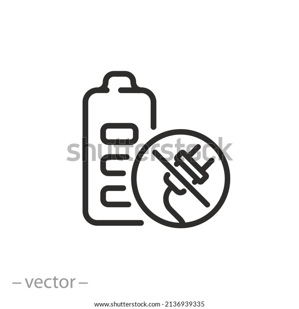 no required charge battery, accumulator\
charging not need, thin line symbol on white background - editable\
stroke vector illustration