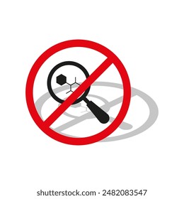 No research symbol. Magnifying glass banned. Red prohibition sign. Chemical structure detail.
