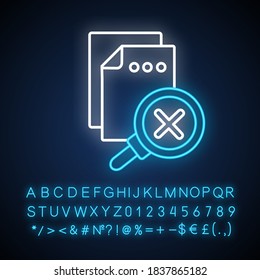 No results found neon light icon. Outer glowing effect. Warning message. Requested page not found, error notification sign with alphabet, numbers and symbols. Vector isolated RGB color illustration