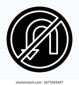 Sin signo de retorno, sin icono de Vector de signo permitido de giro en U, icono de estilo de silueta de Vector aislado,