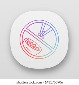 No rice app icon. No carbs dish label. Low calories food UI/UX user interface. Weight loss diet, healthy eating. Web or mobile application. Bowl with meal and chopsticks vector isolated illustration