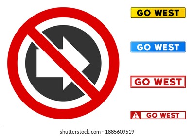 No Right Direction sign with badges in rectangular frames. Illustration style is a flat iconic symbol inside red crossed circle on a white background. Simple No Right Direction vector sign,