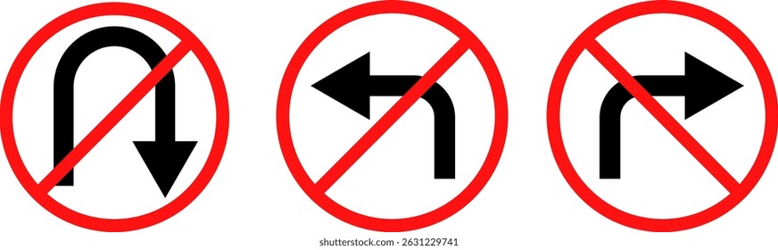 no right, left, u turn sign set. driving navigation icon. traffic direction and Road safety. warning road sign