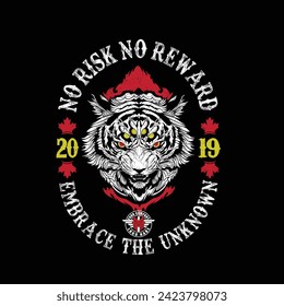 "No Risk No Reward 2019: Embrace the Unknown men's t-shirt by The Tiger's Shop, featuring a tiger and biker design."