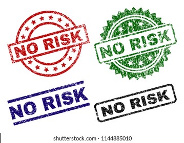 NO RISK seal prints with corroded texture. Black, green,red,blue vector rubber prints of NO RISK caption with dust style. Rubber seals with circle, rectangle, rosette shapes.