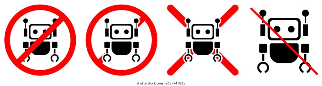No robot sign icon vector for anti automation, manual system, and non-AI alert. Ideal for tech caution design, control system interface, and restricted robotics warning symbol.