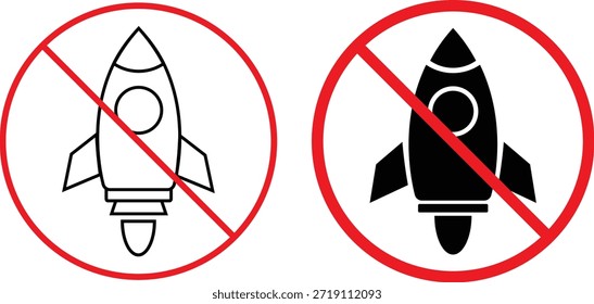 kein Raketensymbol. Keine Projektilsymbole. Symbol für Raketenverbot. Raumfahrzeug unzulässige grafische Gestaltung. Modellraketen- und Hobbyreglerzeichen