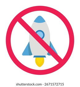 No hay señal del cohete, señal prohibida del cohete, no lance el símbolo del cohete, Ilustración vectorial prohibida del símbolo del vehículo espacial