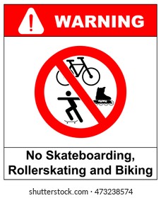 No roller blade, scooter, roller, skater or skating signs in red prohibition circle. Vector warning banner for supermarkets, outdoors. Isolated on white.