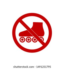No roller skate icon vector isolated. Silhouette of roller skate vector illustration. Not allowed, red object in red warning sign. Stop symbol roller skate