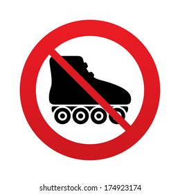 No Roller skates sign icon. Rollerblades symbol. Red prohibition sign. Stop symbol. Vector