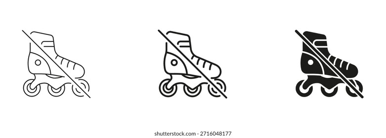 Kein Rollschuhlaufen erlaubt Linie und Symbol-Set. Verbot des Rollerbladens in Restriktionsbereichen und Sammlung von Silhouettensymbolen. Sicherheits- und Ordnungsschilder. Isolierte Vektorgrafik.