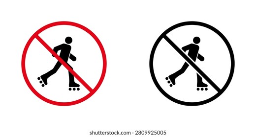 No Roller Skating Prohibition Sign Icon Set. Forbidden Roller Skating Warning And Restriction Symbol Collection. Stop And Ban Notice. Isolated Vector Illustration.