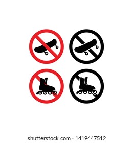 No roller skating and skateboarding red prohibition sign set. Skateboards and roller skates not allowed circle vector icon set. 