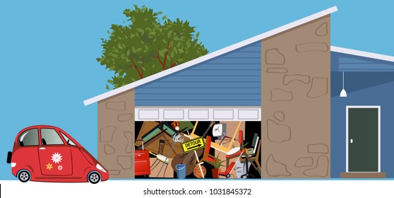 No room for a car in a garage of a hoarded, overfilled with stuff, EPS 8 vector illustration