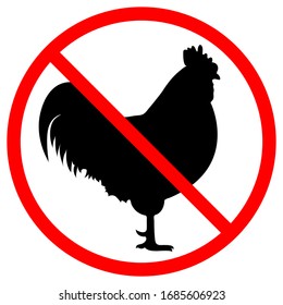 No rooster icon, cock black symbol is crossed out in red circle. Pohibition on chicken food. Vector stock illustration, isolated on white background